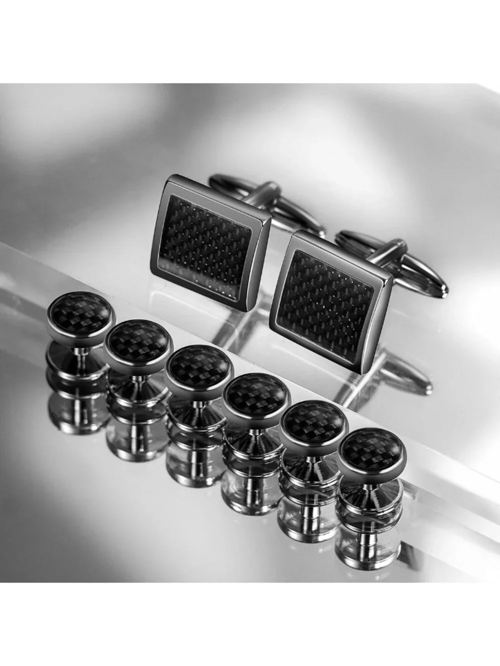 Men's Cufflinks & Tuxedo Studs Set in Gift Box - Carbon Fiber